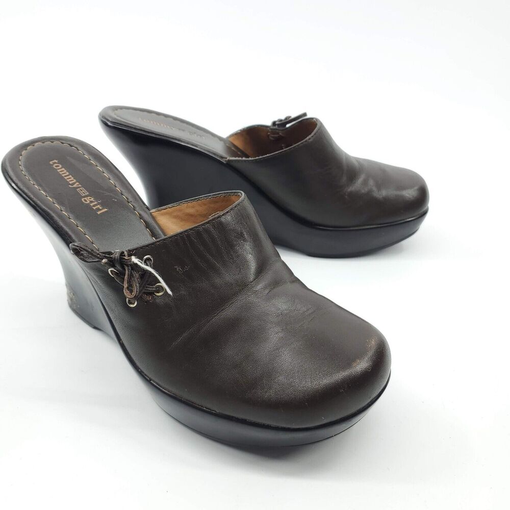 Tommy Hilfiger Girl 90s Y2K Wedge Chunky 8.5 Sandals Brown Leather Slip On